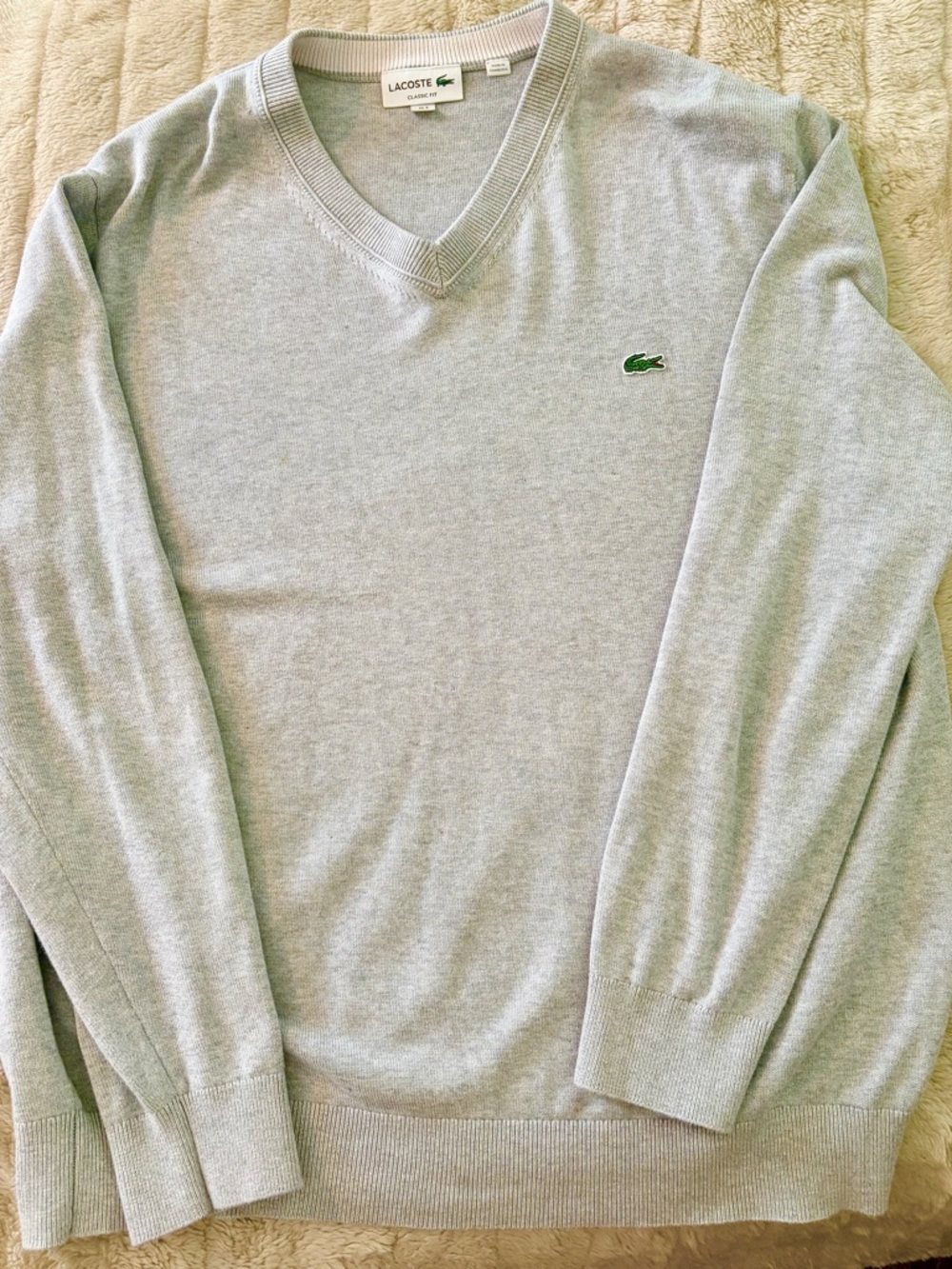 Lacoste Light Gray V-Neck Sweater with Green Crocodile Emblem